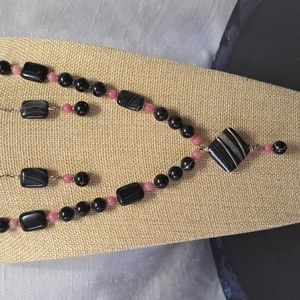 Hand Crafted Black Banded Agate with Pink stone Accents Necklace and Earring Set
